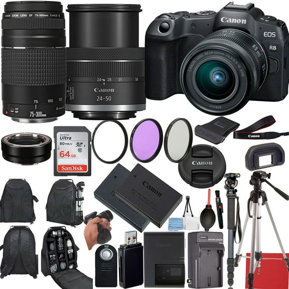 Canon EOS R8 Mirrorless Camera, New, with 24-50mm & 75-300mm EF Lenses, Mount Adapter, and Content Creator Pack - New