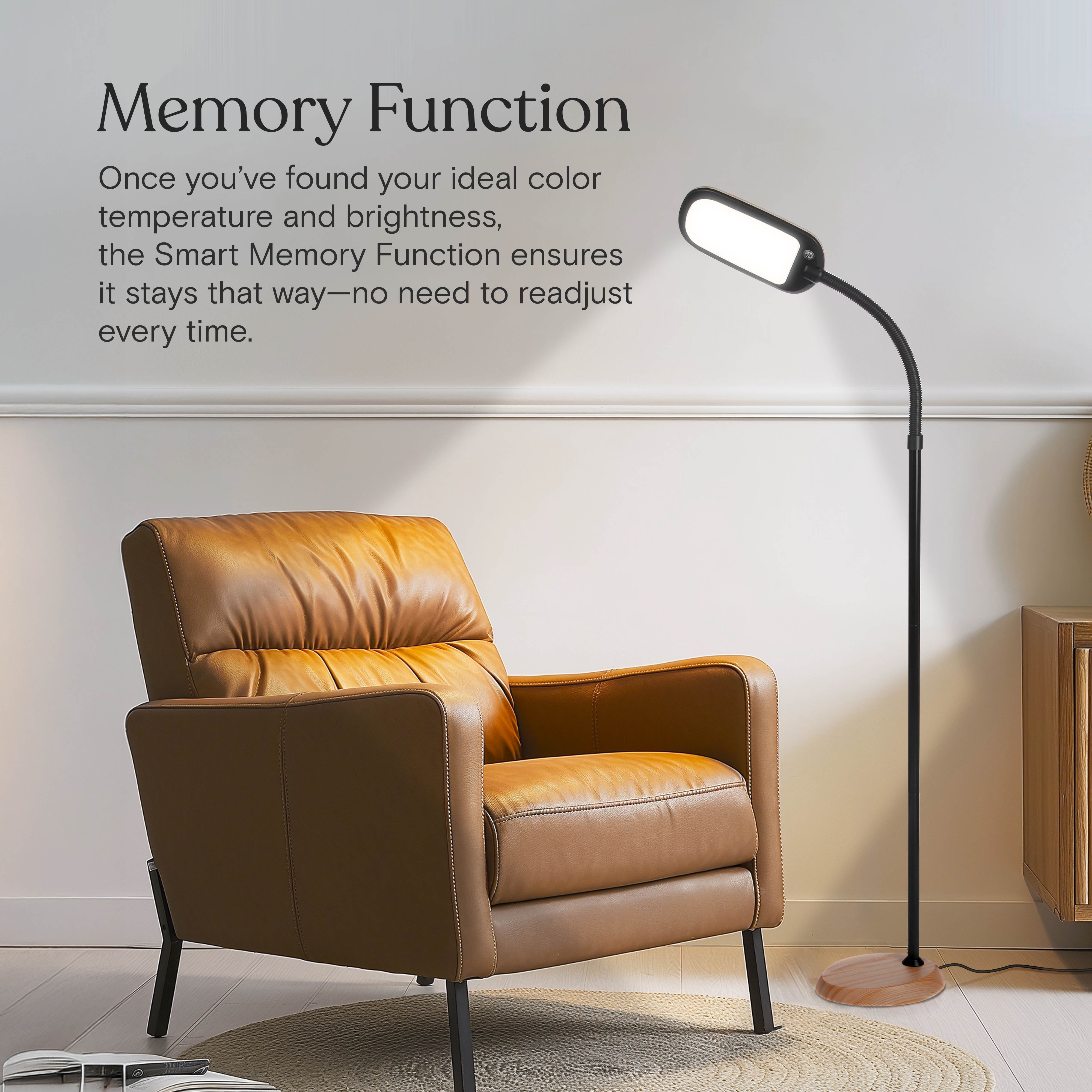 Brightech Litespan Slim LED Lamp, Modern Floor Reading Lamp Over Chair for Living Rooms & Offices, Tall Lamp with Adjustable Gooseneck, Crafts Work Light, Dimmable Standing Lamp for Bedroom - Wood