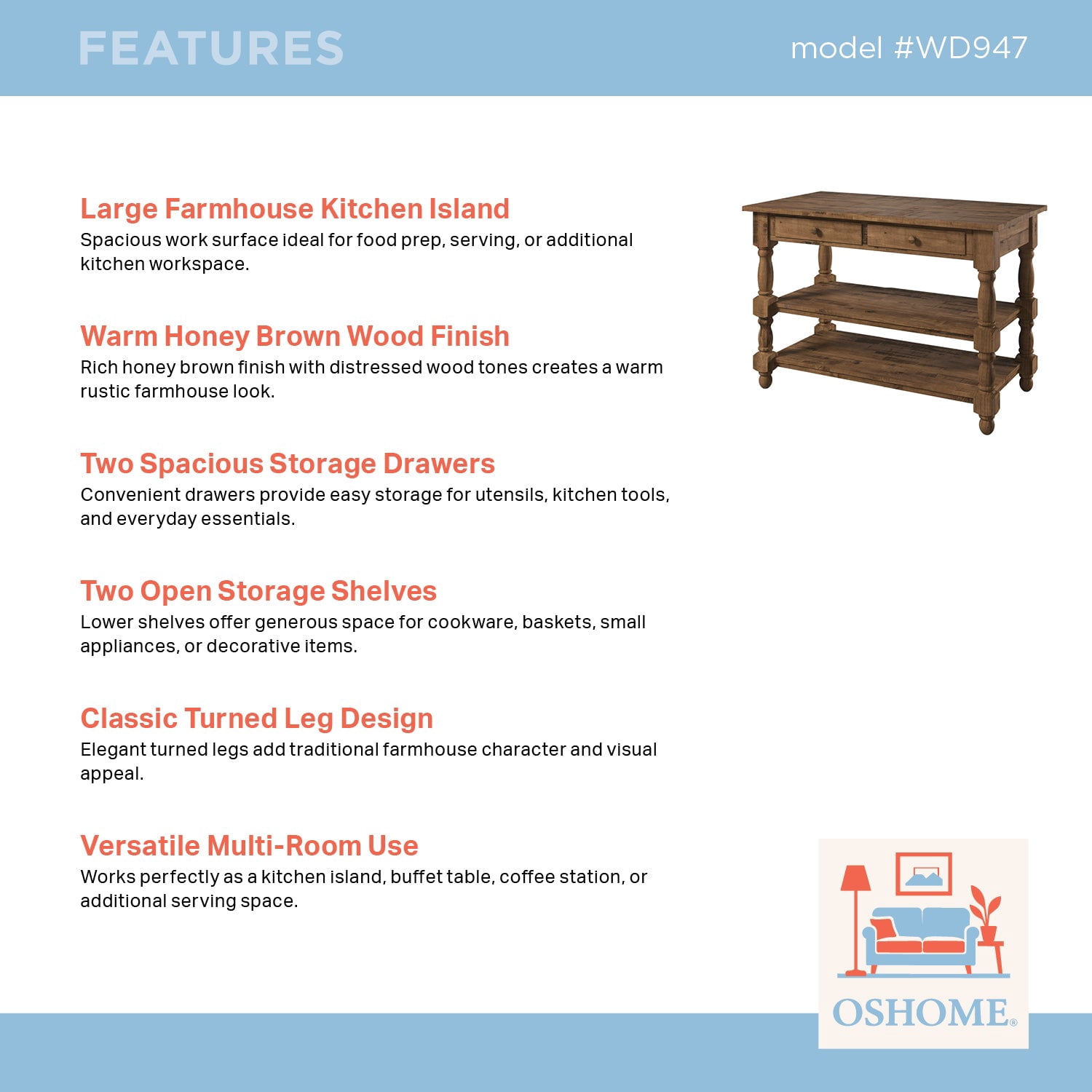OSHOME 52" Farmhouse Kitchen Island with Drawers and Shelves – Solid Wood Kitchen Prep Table, Harvest White with Distressed Brown Top