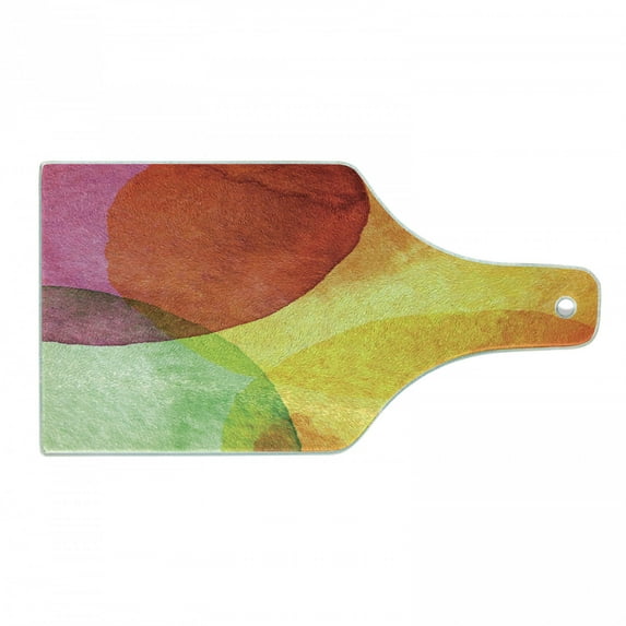 Abstract Cutting Board, Abstract Watercolor Painted Paper Style in Modern Art Design Print, Tempered Glass Cutting and Serving Board, Wine Bottle Shape, Yellow Orange Lime Green, by Ambesonne