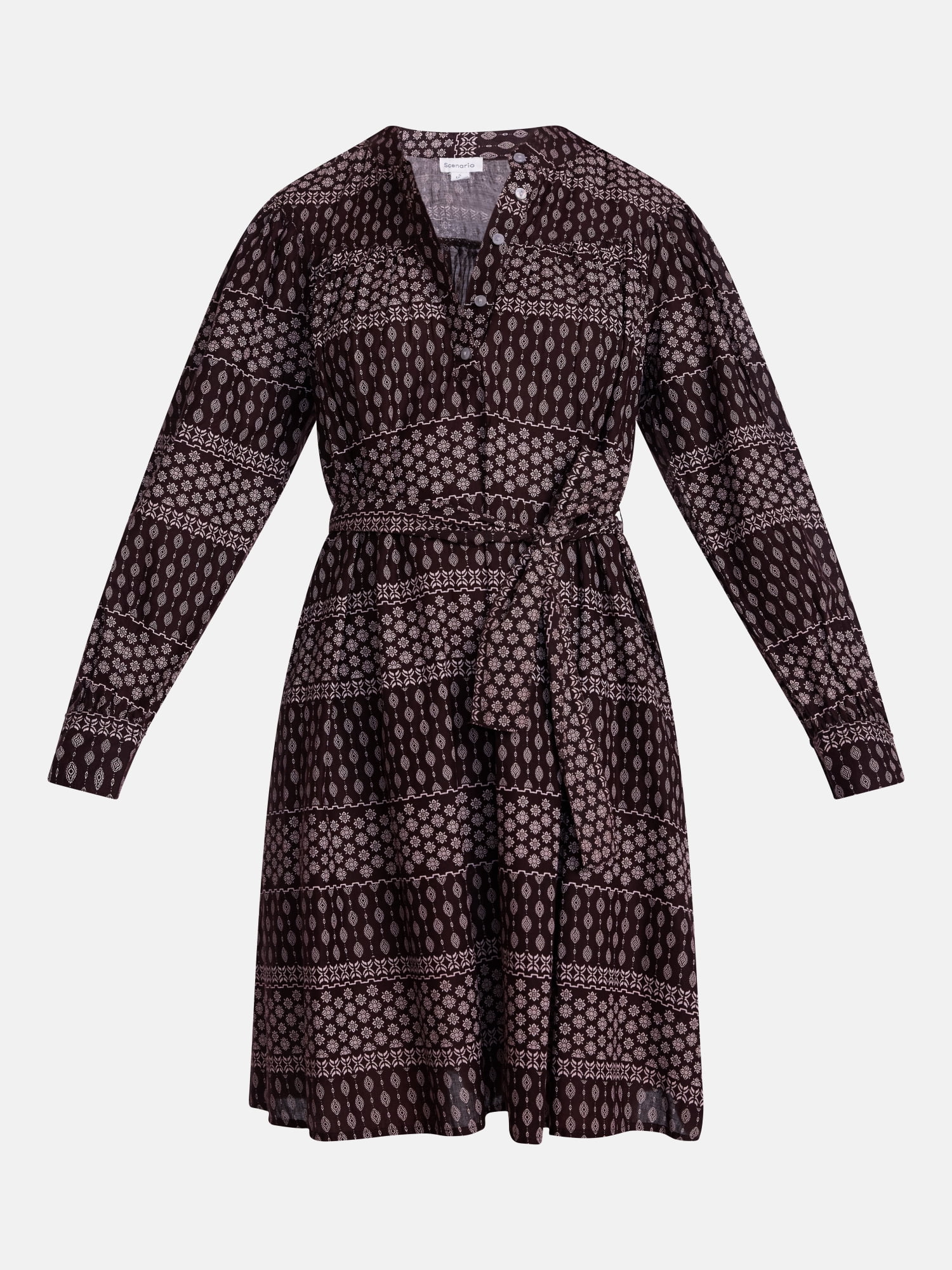 Scenario Women's Band Collar Shirtdress with Long Sleeves, Sizes XS-XXXL
