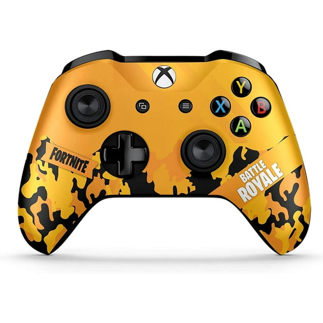 DreamController Manette au Design Personnalisé Original compatible avec Xbox One, Series S et Series X. Manette de Jeu Sans Fil avec un Design camouflage Jaune et Noir Audacieux Mettant en Vedette Fortnite et des accents de Texte Battle Royale. Idéale pour les Passionnés de Jeux Vidéo, Mettant en Valeur une Disposition Ergonomique des Boutons et la Marque Xbox.