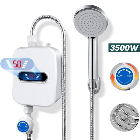 Electric Tankless Water Heater with Shower Head Set, 3500W Portable Electric Instant Hot Water Heater for Shower, LCD Display On Demand Mini Water Heater for Kitchen, Bathroom, Camping & RV