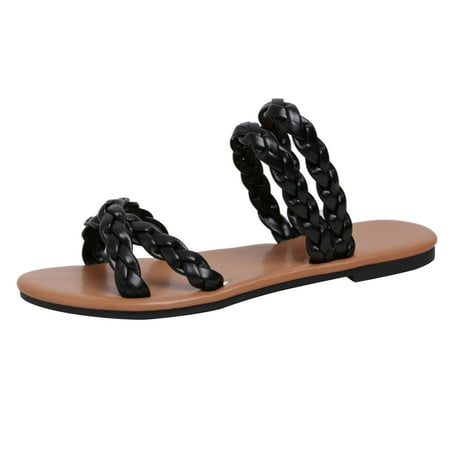 

CLZOUD Wide Sandals for Women Black Women Sandals Summer New Pattern Fashion Simple Solid Flat Bottom Comfortable Non Slip Large Slippers 37