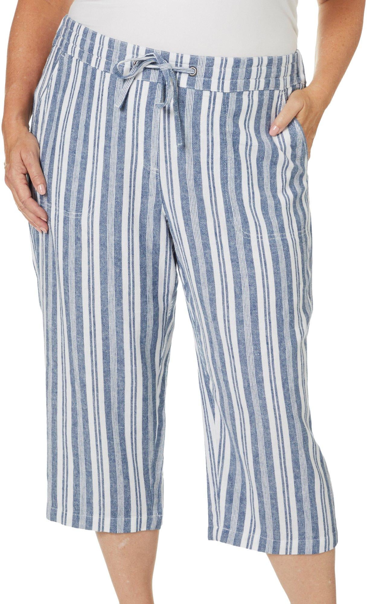 Per Se Plus Stripe Print Linen Drawstring Capris 1X Blue/white ...