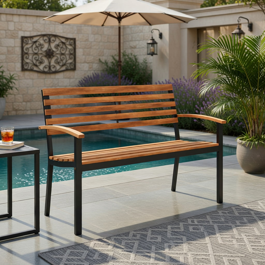 Hommoo Acacia Wood Outdoor Patio Loveseat Bench with Backrest & Armrests, Two-Person Garden Seating for Backyard, Deck, or Balcony, Black
