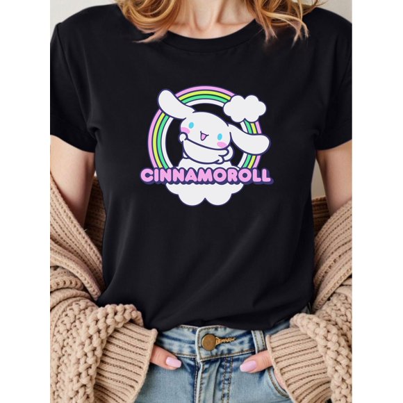 Women's Cinnamoroll Graphic Summer T-Shirt - Casual Short Sleeve Round Neck Tee with Cloud & Rainbow Design Lightweight Breathable Fabric Machine Washable Clothing Whimsical Shirt Durable Casualwear