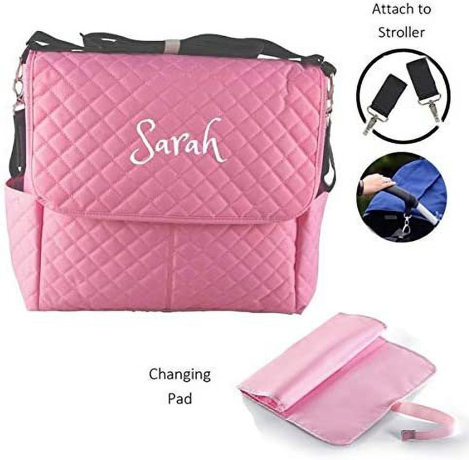 Dream Embroidery Personalized Large Diaper Bag with Changing Pad & Stroller Clips, Pink