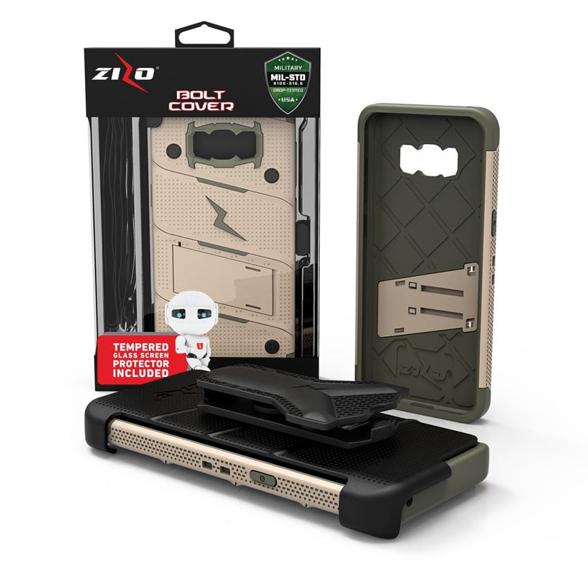 ZIZO BOLT Series Samsung Galaxy S8 Plus Case Military Grade Drop Tested with Tempered Glass Screen Protector Holster TAN CAMO GREEN