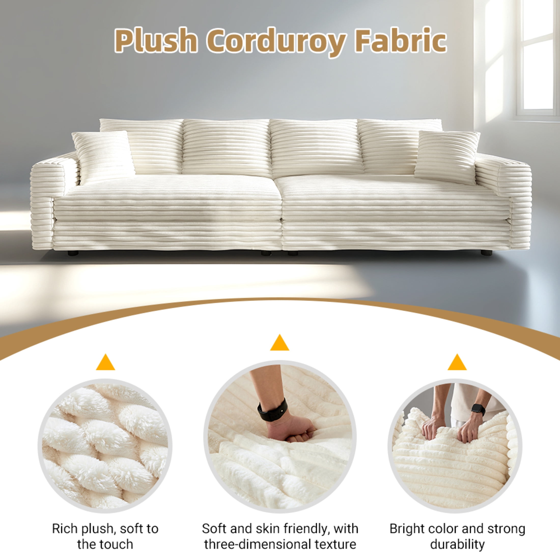 Noble House Solley 102.4" Plush Corduroy 4-Seat Sofa, Modern Convertible Cloud Couch Lounge Chair, Beige White