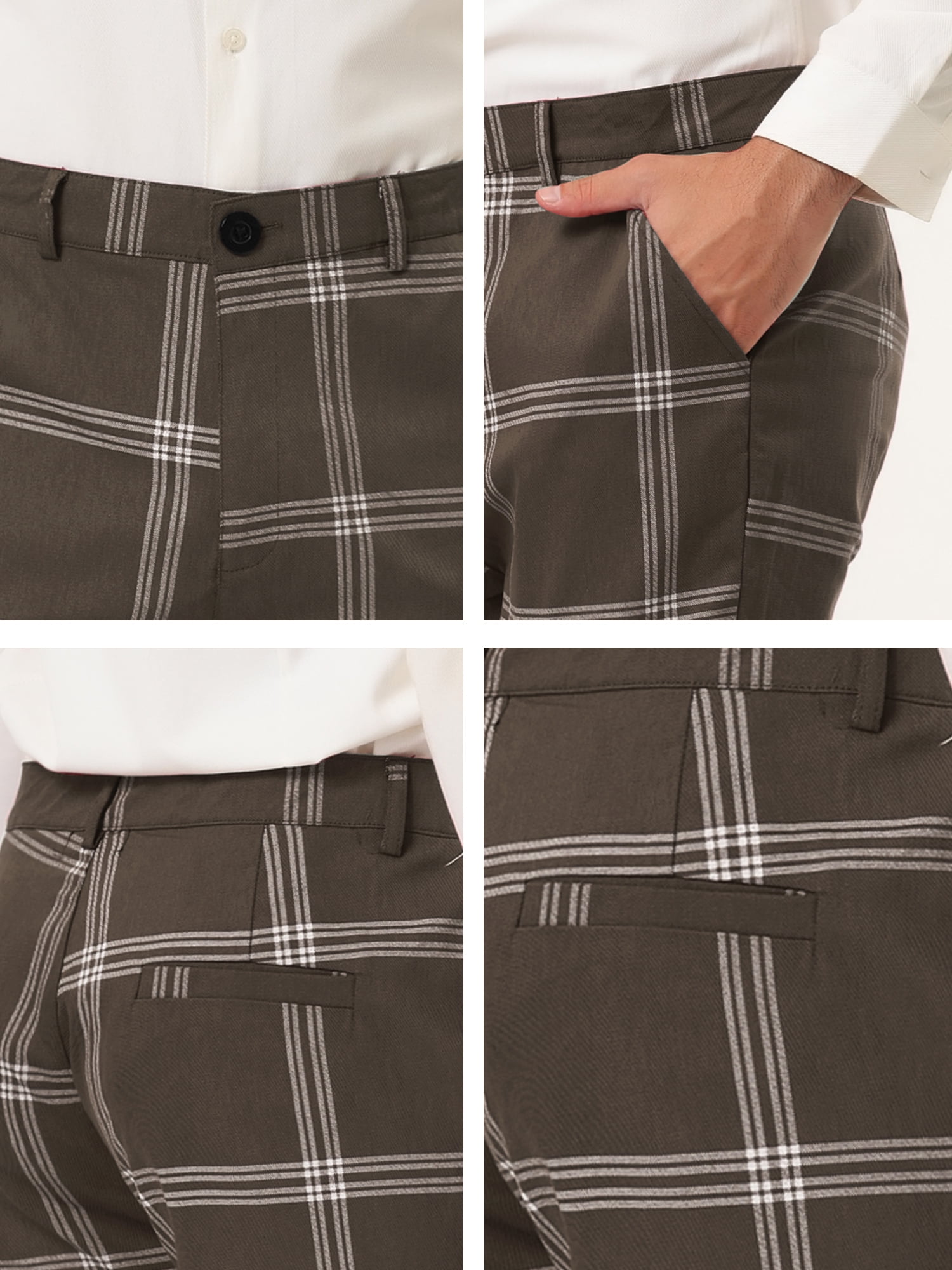 Unique Bargains Men's Business Plaid Pants Casual Slim Fit Flat Front Checked Trousers 32 Brown