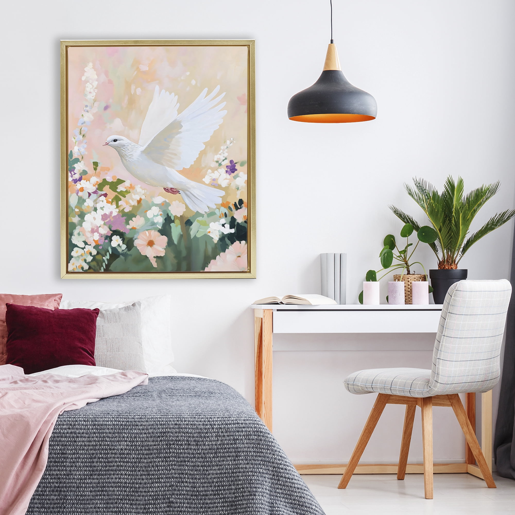 Stupell Industries White Dove Among Spring Blooms Gold Framed Floater Canvas Wall Art, design by The Prints Vibe