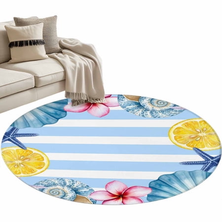 Area Rug 36in Summer Sea Stars Lemons Shells Floor Carpet Living Room Rug White Blue Striped Non-Slip Welcome Mat Indoor Rugs for Bedroom Dining Room