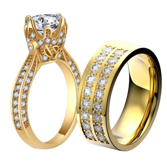 Lvrong Matching Rings Yellow Gold Plated AAA CZ Women Ring Couple Rings Wedding Band His and Her Ring