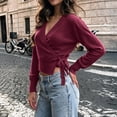 thumbnail image 5 of Admvng Women's Wrap V‑Neck Knit Sweater Long Sleeve Cropped Pullover Side Tie Knot Casual Fall Sweater, 5 of 9