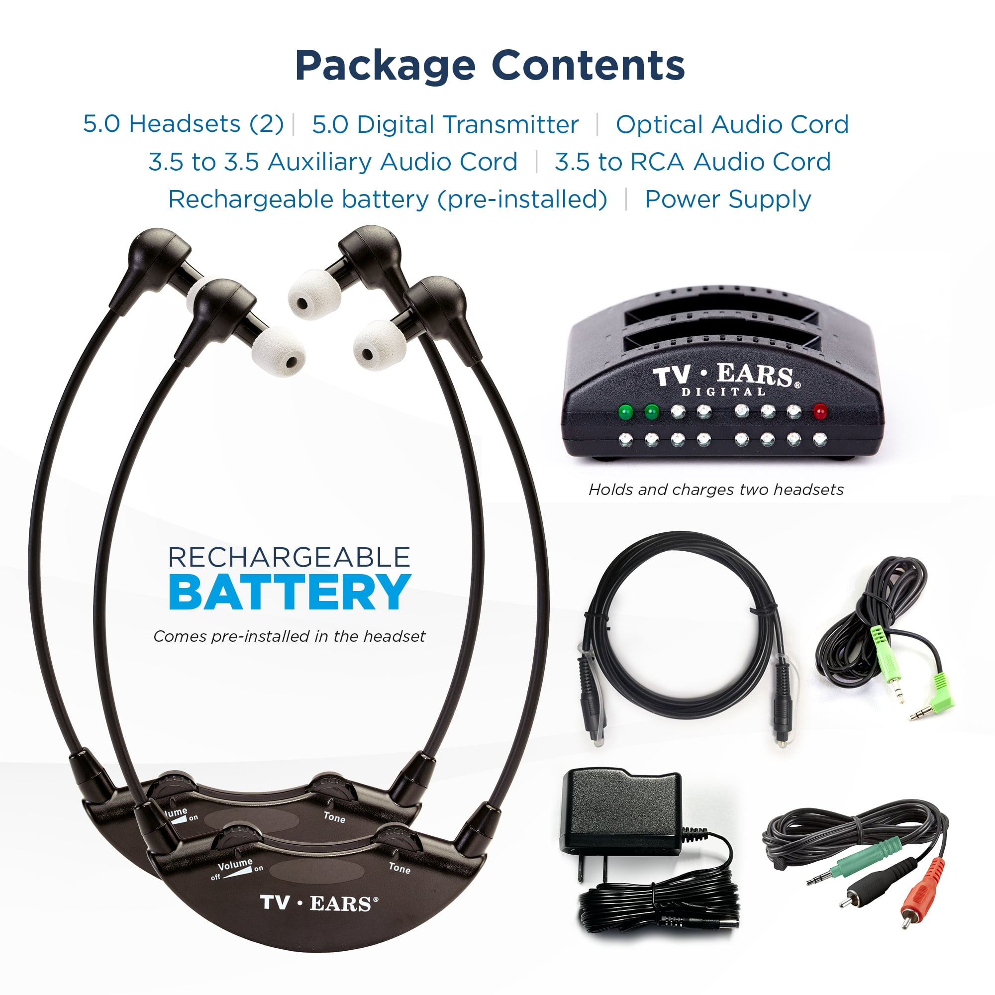 TV Ears Digital Wireless Headset System - Dual Headphones & Hearing Amplifier - Headphones for TV - Ideal for Seniors - Infrared Technology, Wireless Earbuds, Voice Clarifying - 11841 Black