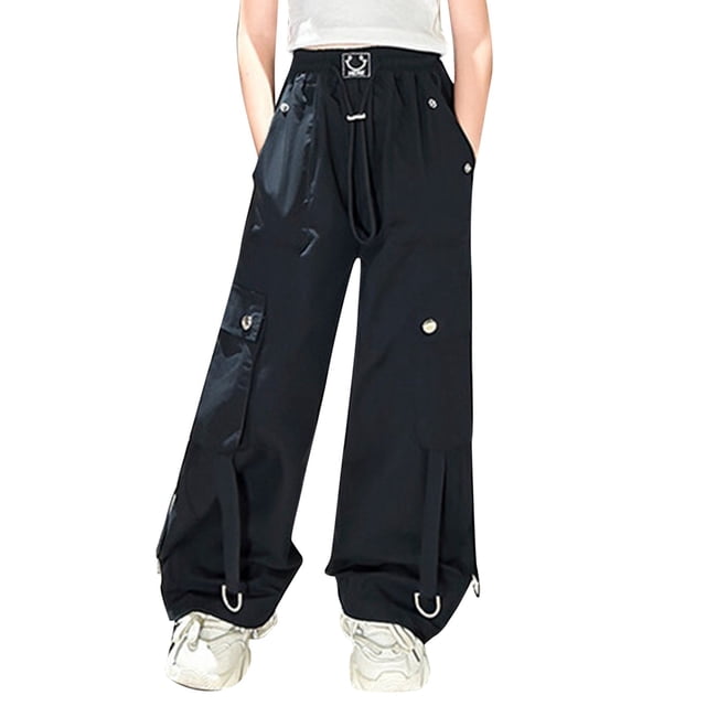 TZEWGL Spring Summer Solid Cool Street Style Hip Hop Pants With Pocket For Kids Active High Waisted Drawstring Loose Fit Pants For Girls size 10-12T