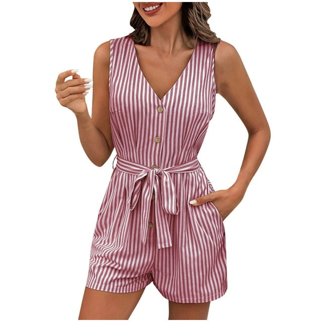 UAMVSH Jumpsuits for Women 2025 Trendy Stripe Printed Summer Vacation Rompers with Belt Soft Button down Pockets Overalls Clothes