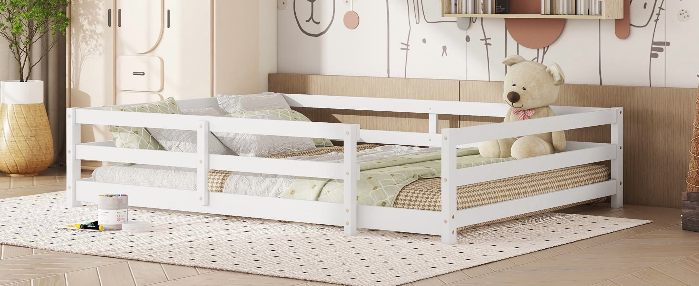 Full Size Floor Bed with Fence, Wood Floor Bed, White