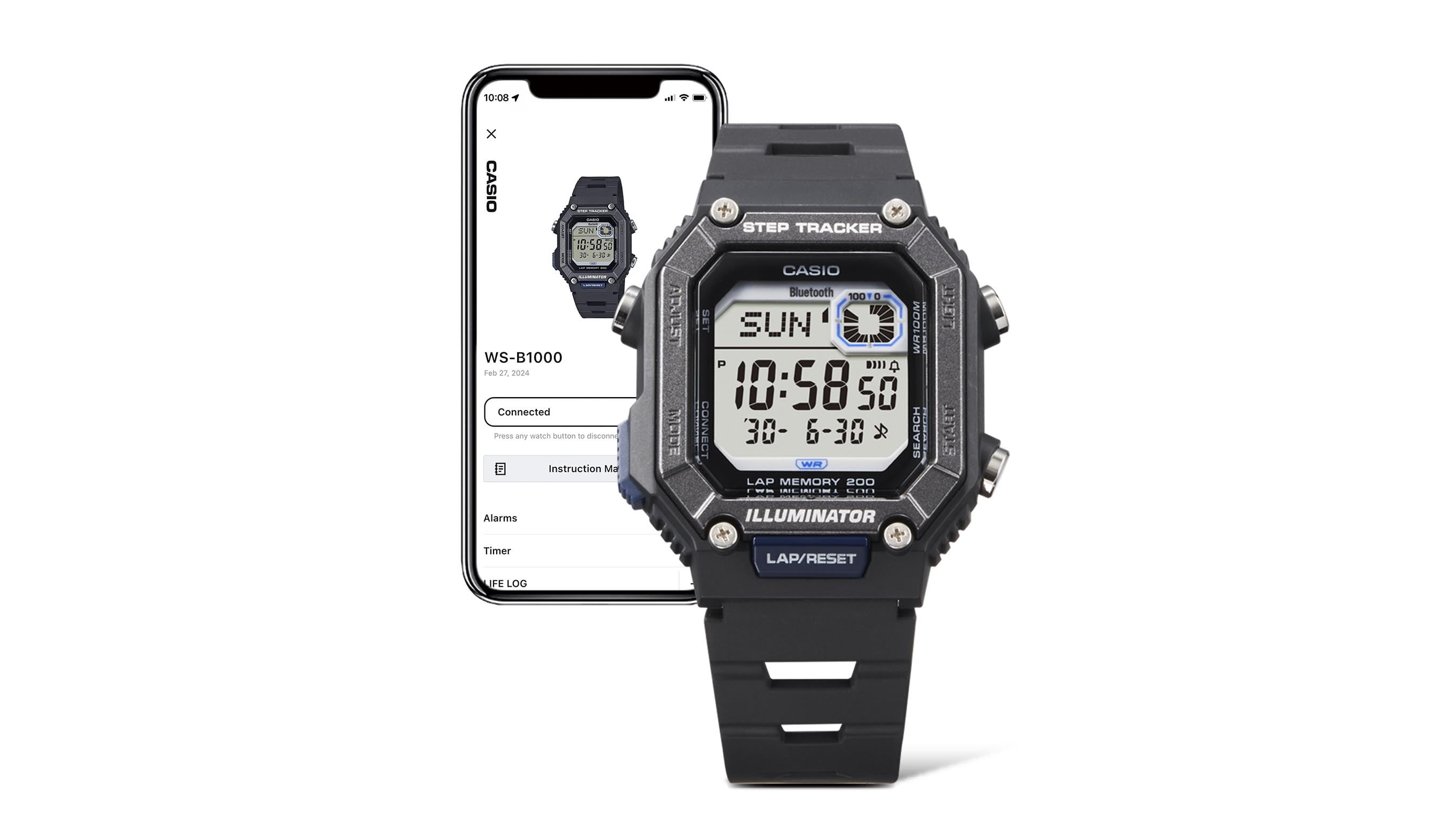 Casio Men's Step Tracker Watch WSB1000-1AV – Bluetooth, 200-Lap Memory, Calorie Counter, 100M Water Resistant, Black Resin