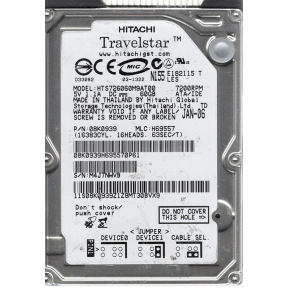 HTS726060M9AT00, PN 08K0939, MLC H69557, Hitachi 60GB IDE 2.5 Hard Drive