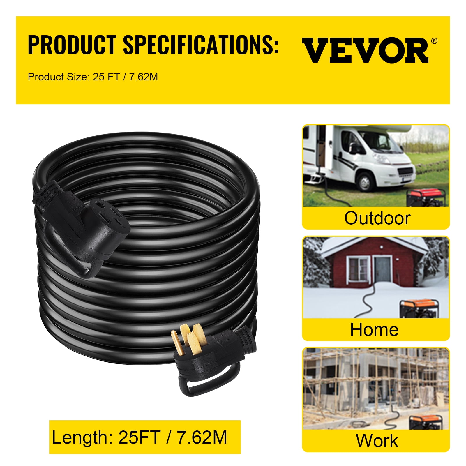 VEVOR 50A 25ft Generator Extension Cord, Heavy Duty Power Cable, STW 6/3+8/1 AWG with N14-50P, 125/250V
