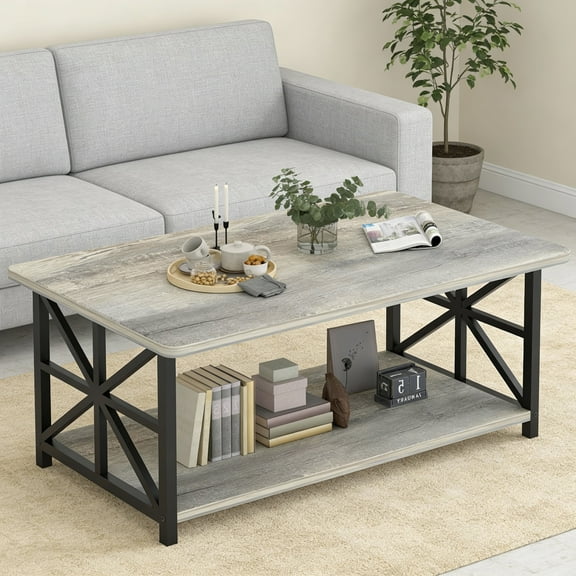LinkRomat Rectangular Coffee Table with Storage Shelf, 2-Tier Center Table with Rounded Corners for Living Room, Small Spaces, Easy Assembly, Gray