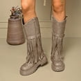 thumbnail image 2 of Winter Fall Studded Fringe Platform Wide Mid Calf Boots for Women Boho Ethnic Chunky Knee High Cowboy Cowgirl Riding Tall Boots, 2 of 7