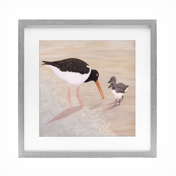 Stupell Industries Coastal American Oyster Catcher & Chicks Gray Framed Print Under Glass, 16 x 16, by Barbara Fallenbaum