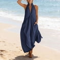 thumbnail image 2 of Women's Cotton Halter Deep V‑Neck Wide‑Leg Jumpsuit Sleeveless Loose‑Fit Casual One‑Piece Pants with Side Pockets Navy XL(XL), 2 of 7
