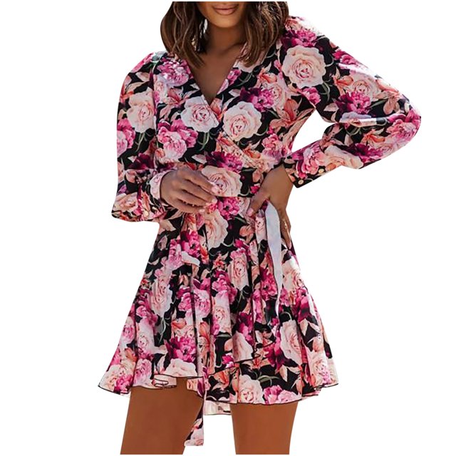 EQWLJWE Robes pour Femmes Robes pour Femmes 2023 Mode Féminine Décontractée Été Mince Imprimé Manches Longues Col en V Ourlet à Volants Robe Jupe Courte