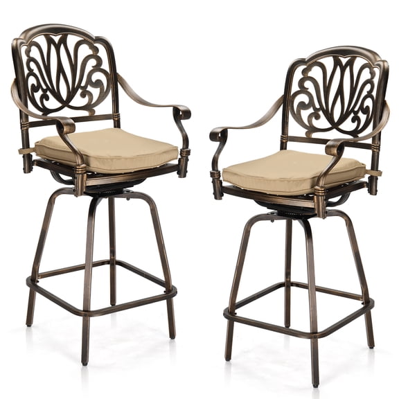 Set of 2 Cast Aluminum 360° Swivel Bar Stools, Weather Resistant Outdoor Patio Swivel Bar Chairs with Cushioned Seat, 380 LBS Weight Capacity for Backyard, Porch, Poolside