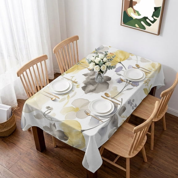 Yellow Grey Botanical Table Cloth Waterproof Tablecloths, Spring Floral Watercolor Tablecloth Dining Table Cover for Kitchen Party Tabletop Outdoor, Rectangle Tablecloth 52x70 Inch