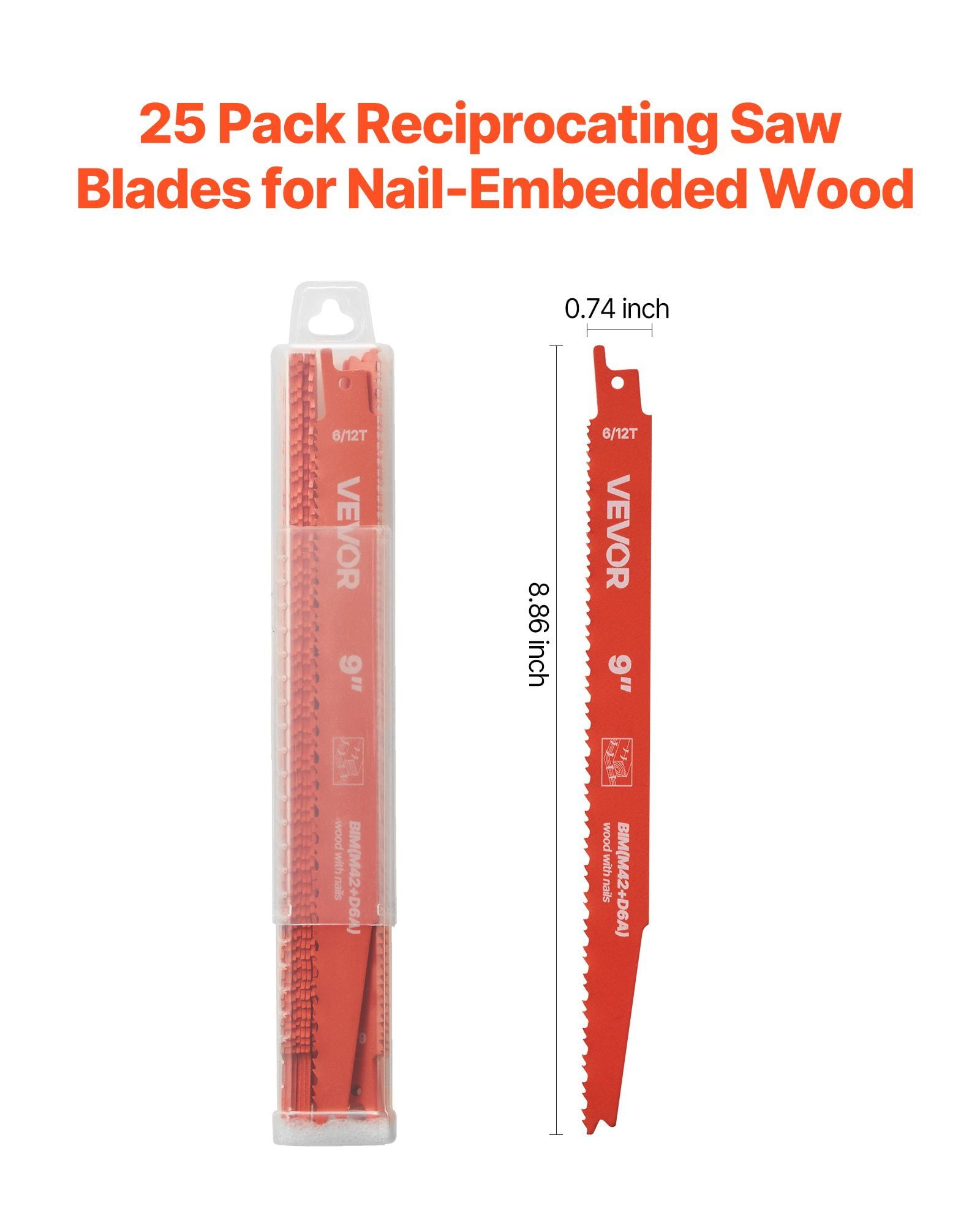 25 Pack 6 12 TPI Bi Metal Reciprocating Saw Blades Universal Shank Sharp Teeth Fast Smooth Cuts Wood Nail Embedded Wood Demolition Orange