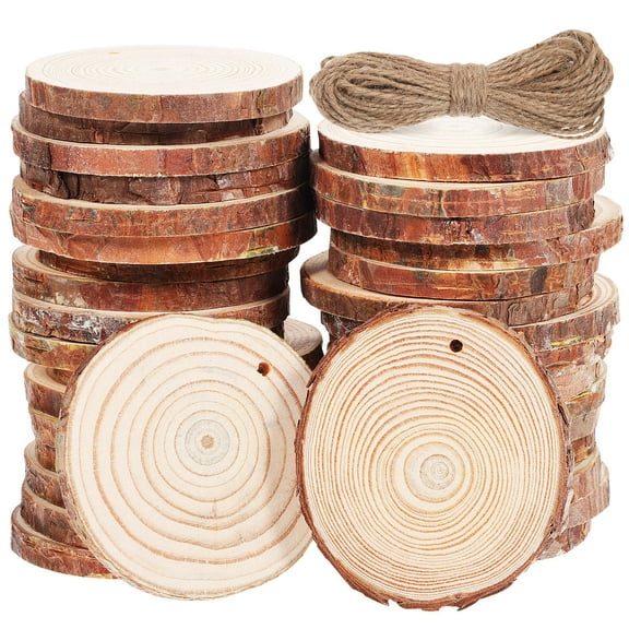 HOMEMAXS 50pcs Wood Slices Craft Woods Predrilled Wood Rounds Diy Wood Discs with String for Wedding Decorations