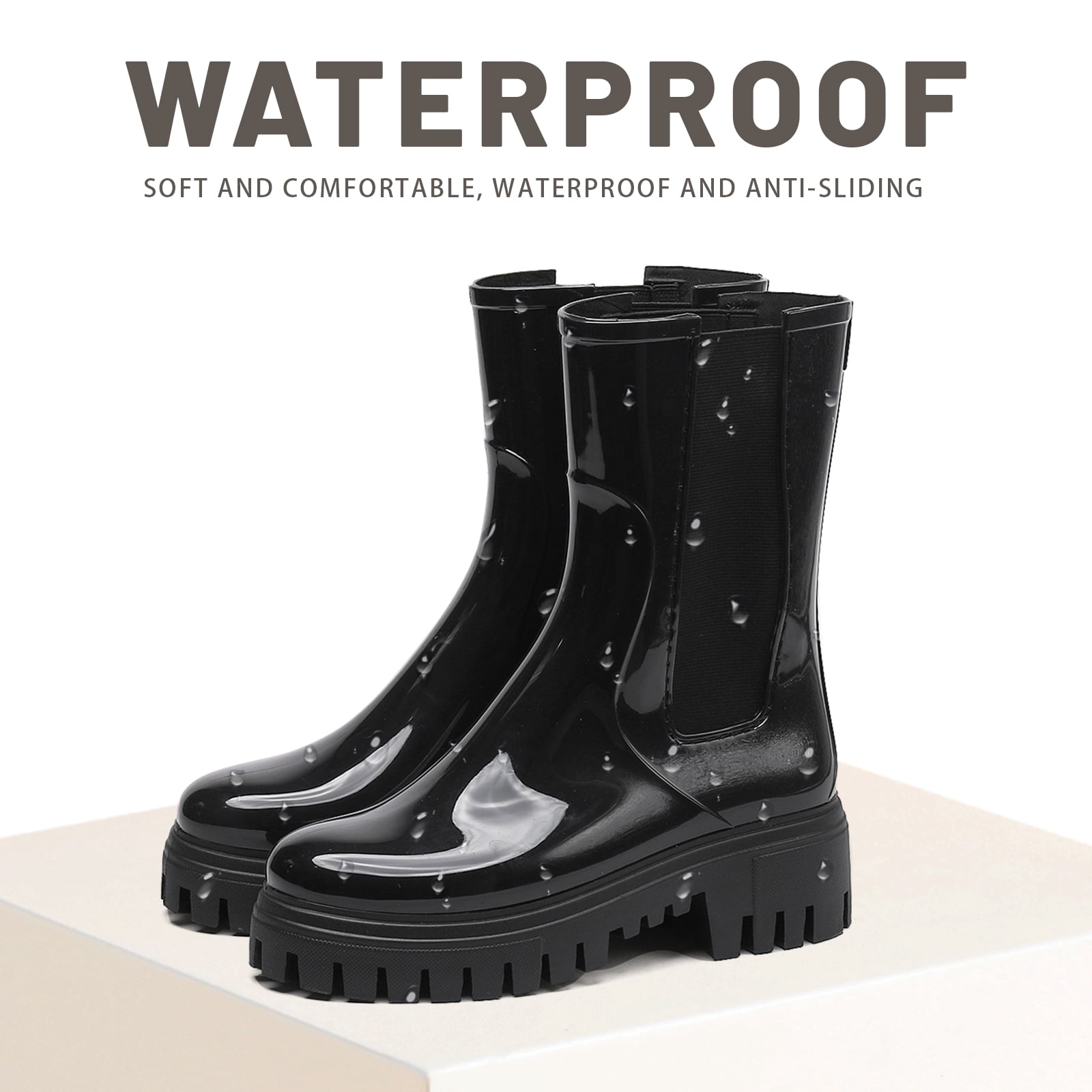Lcamaw Rain Boots for Women, Waterproof PVC Rubber Garden Boots Womens Chelsea Boots Short Platfrom Rain Boots, Anti-Slip Elastic Slip On Rainboots Garden Rain Shoes for Yard Farm Outdoor Work