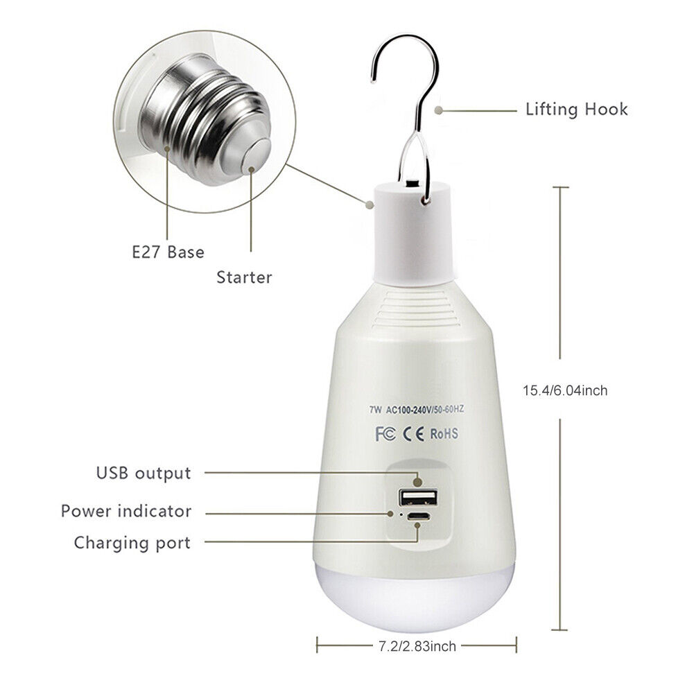 Emergency LED Light Rechargeable Tent Lamp Hiking Backpacking Night E27 Bulb Portable Cordless Hanging Lantern Lighting