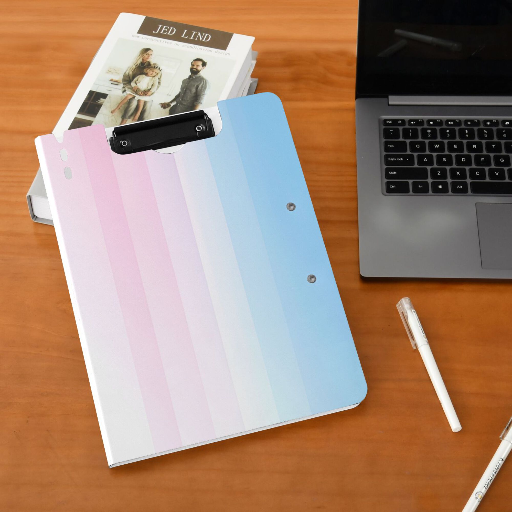 FORMRS A4 Clipboard Folder with Pen Holder Horizontal Foldable School Office Binder, Light Blue Stripes