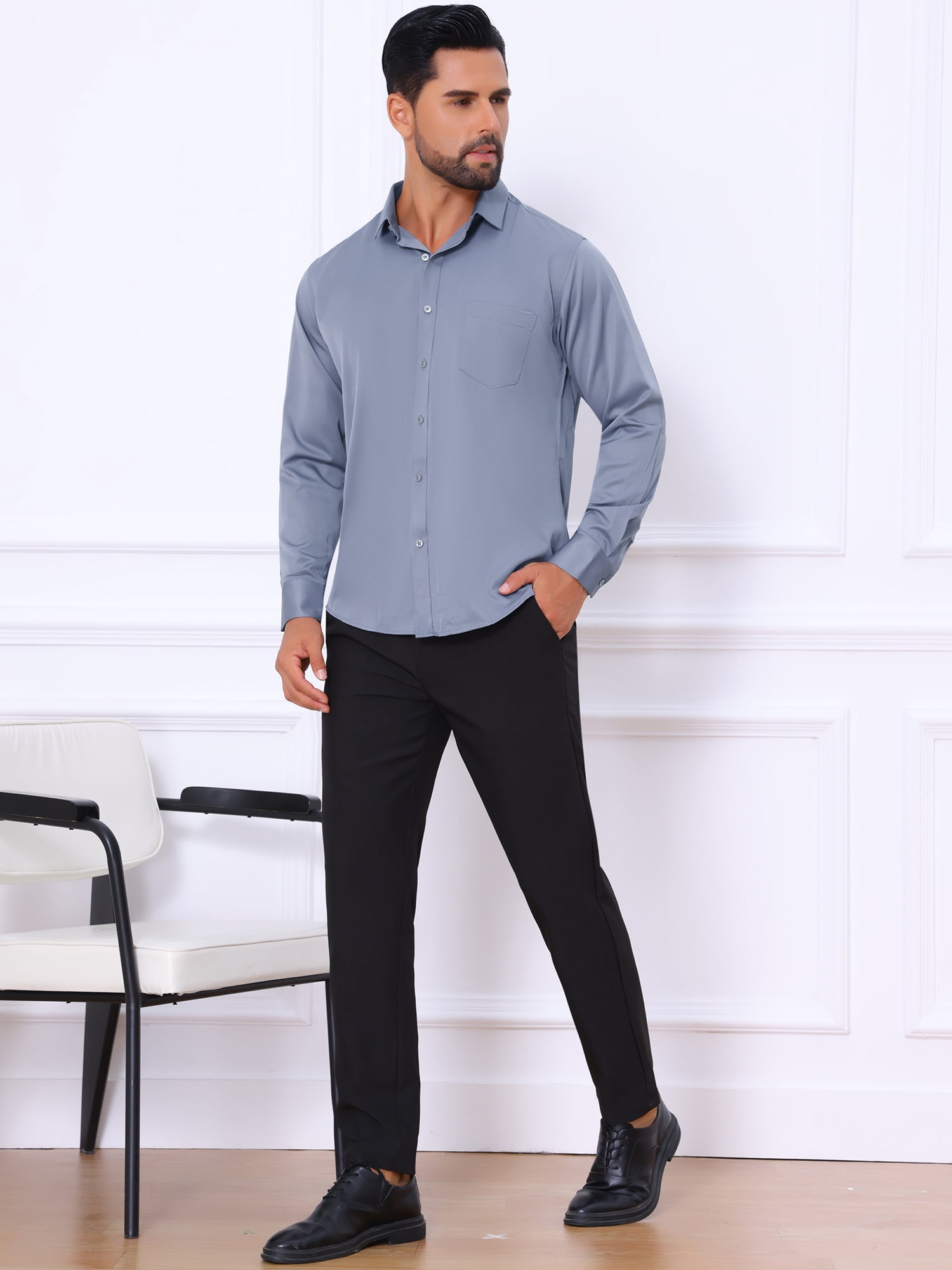 DARING DIVA Men's Point Collar Button Long Sleeve Business Shirts L Gray