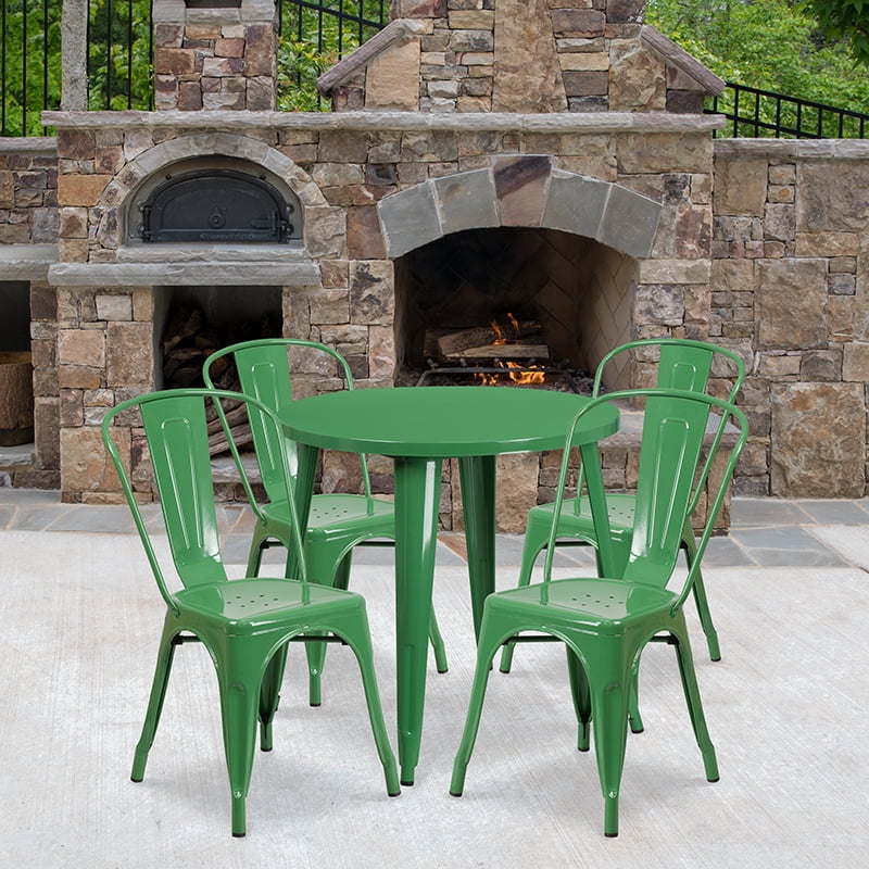 Commercial 30 Round Green Metal Indoor Outdoor Table Set With 4 Cafe