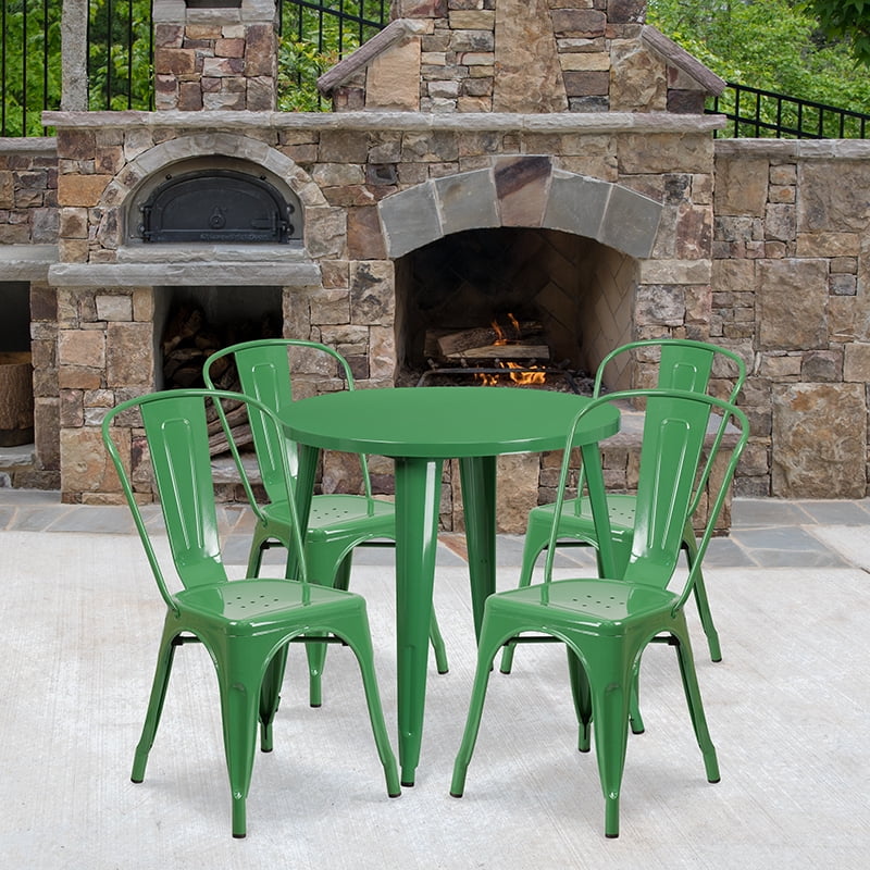 Commercial 30" Round Green Metal IndoorOutdoor Table Set with 4 Cafe