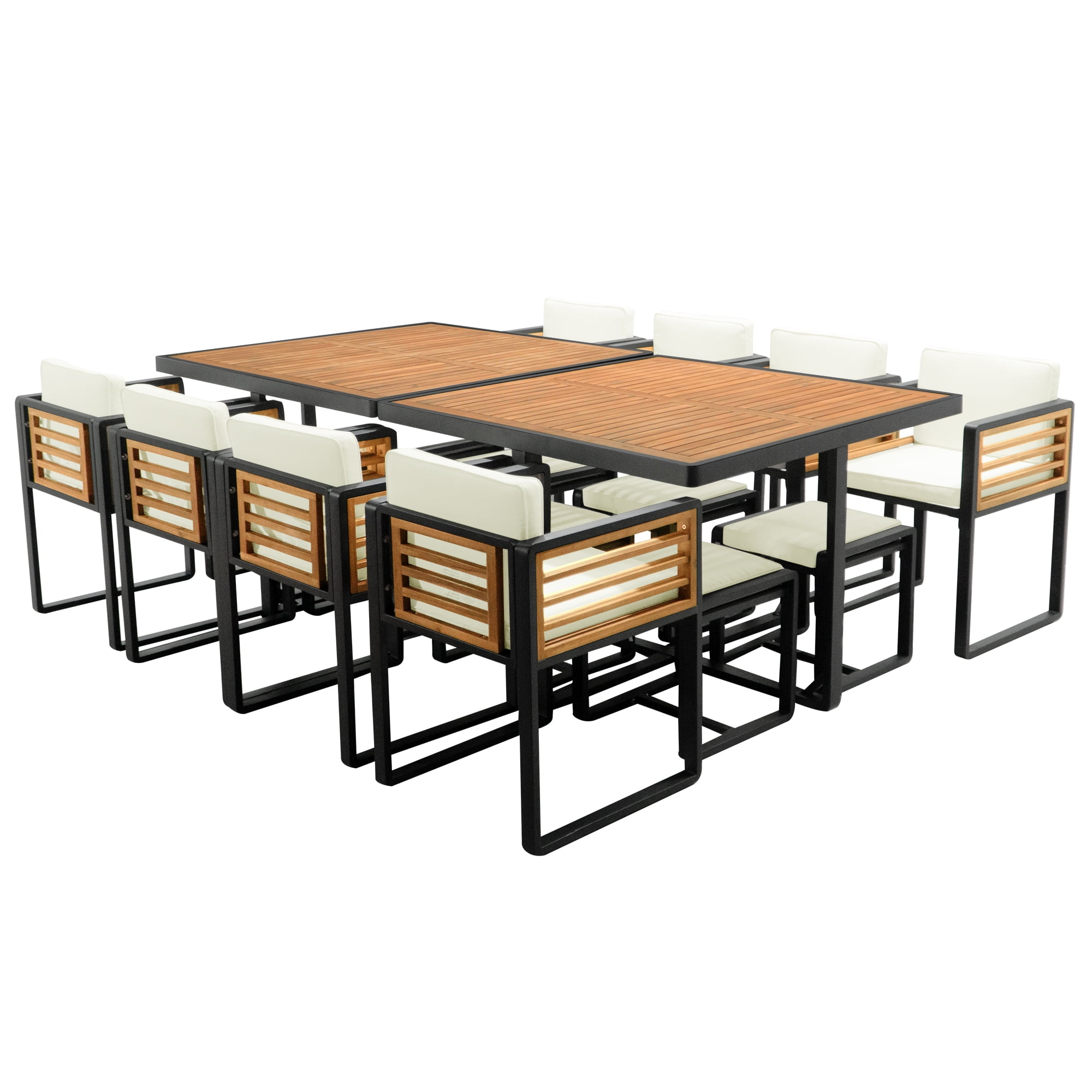 Euroco 18-Pieces Acacia Wood Patio Dining Set, Space Saving Outdoor Patio Set, 8 Cushioned Chairs & 8 Ottomans & 2 Square Table, for Backyard, Garden, Deck and Poolside