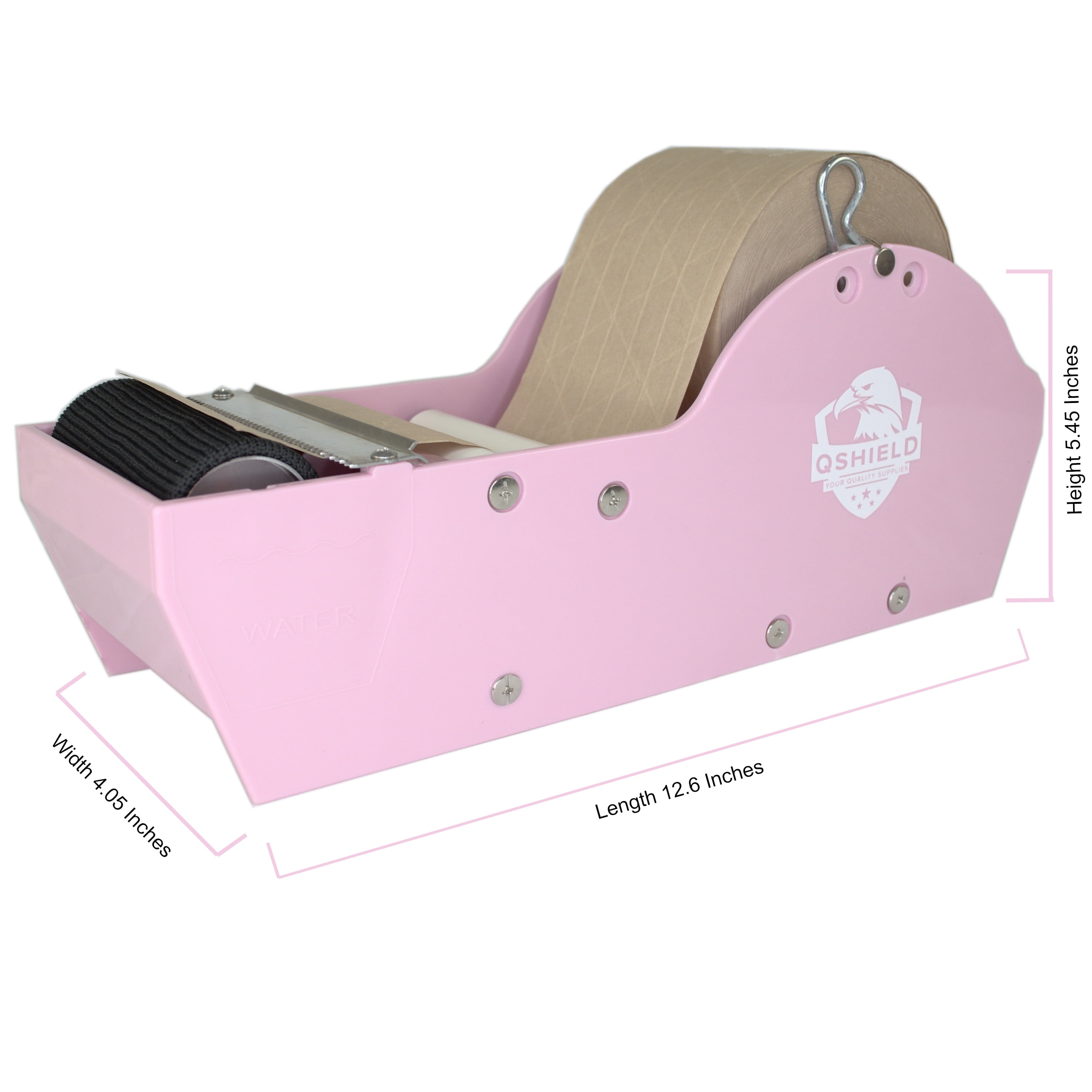 Water Activated Manual Desktop Gum Tape Dispenser Pink with Reinforced Kraft Paper Gummed Tape 2.75In x 75 feet Eco Friendly for Sealing Shipping Boxes