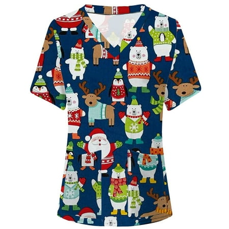 

FAFWYP Christmas Scrubs for Women Womens Loose Scrubs Tops Summer Nurse Short Sleeve V Neck Workwear Snowmen Printed Working Uniform Shirt Medical Blouse with Pockets