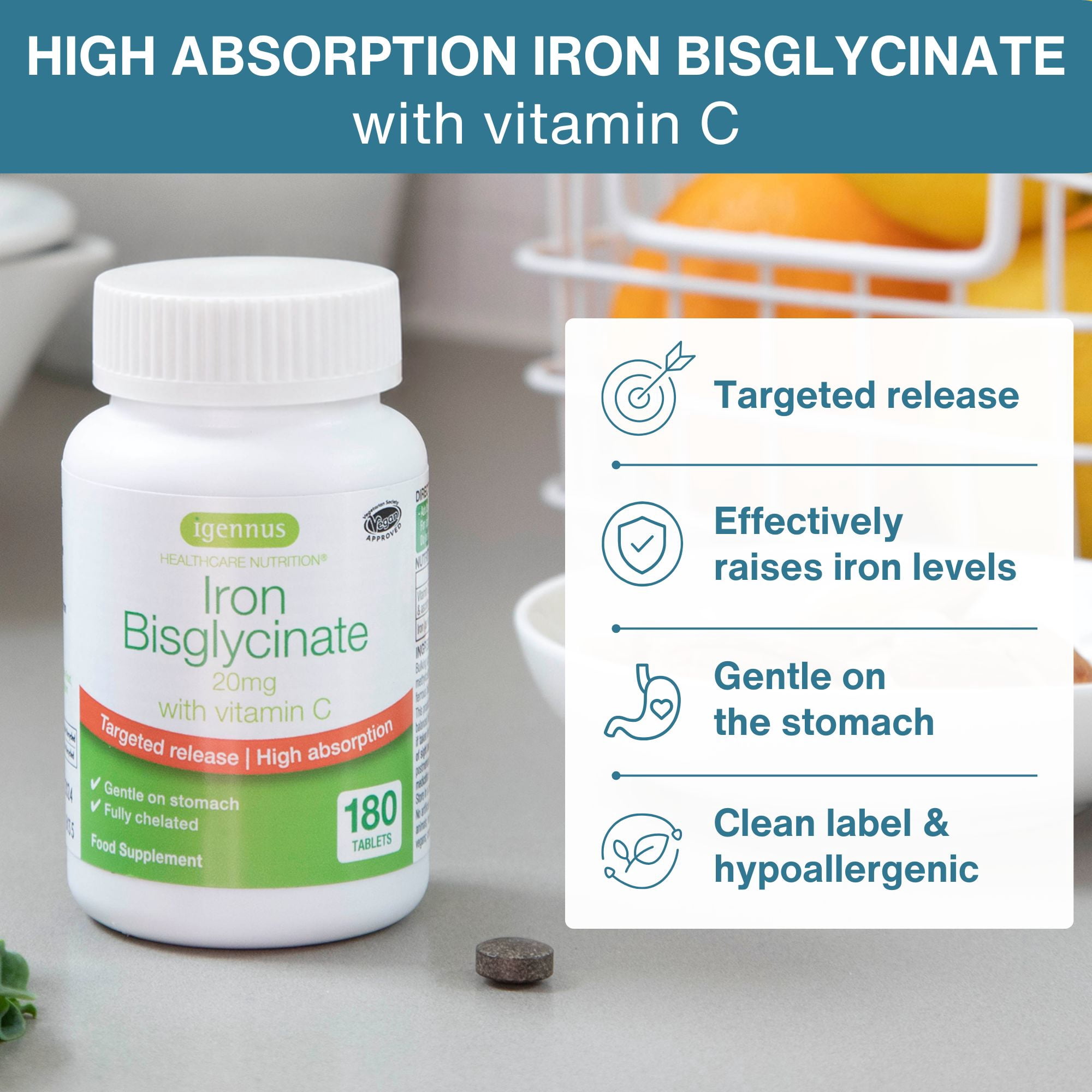 Igennus Clean & Gentle Iron Bisglycinate 20mg Plus Vitamin C, 6 Month Supply, Targeted Release, Chelated High Absorption Ferrous Bisglycinate, Vegan, 180 Tablets