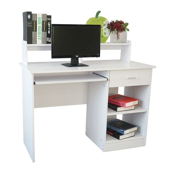 White Computer Desk, Modern E1 Chipboard Desk with Drawer, 43.3" Study Writing Table for Home Office as picture