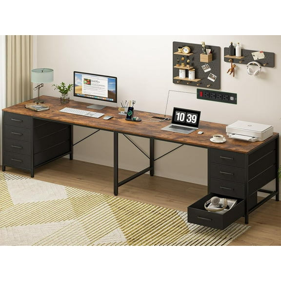 TVU 110" 2 Person Desk with 8 Drawers, Large Writing Home Office Desks with Outlets, I Shaped Workstation Double Desk Drawer Organizers (Rustic)