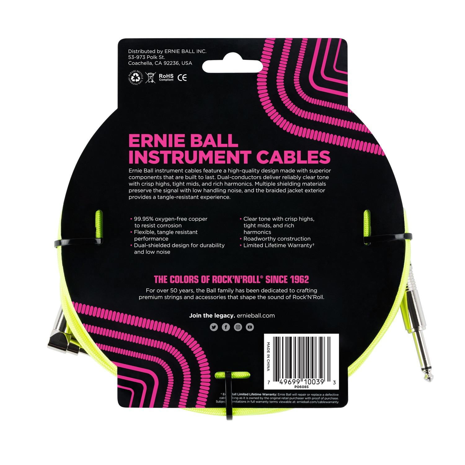 Ernie Ball 18' Braided Straight / Angle Instrument Cable Neon - Yellow