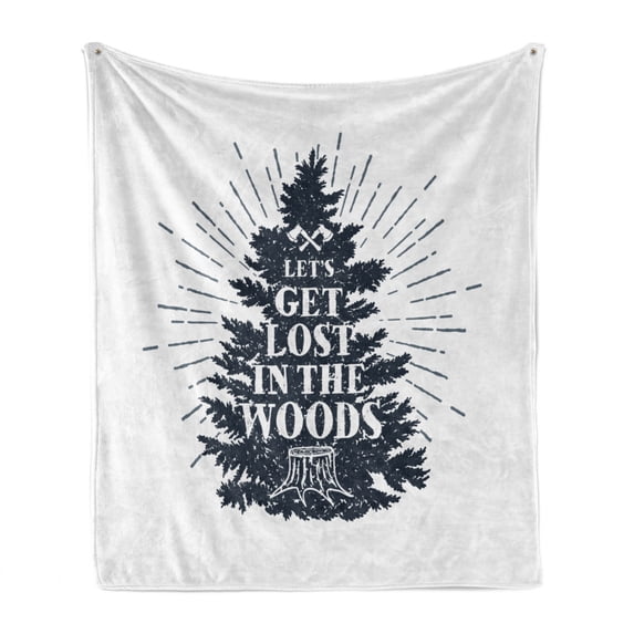 Saying Soft Flannel Fleece Blanket, Lets Get Lost in the Woods Grunge Style Wording on a Tree Nature Sayings, Cozy Plush for Indoor and Outdoor Use, 50" x 60", Dark Night Blue White, by Ambesonne