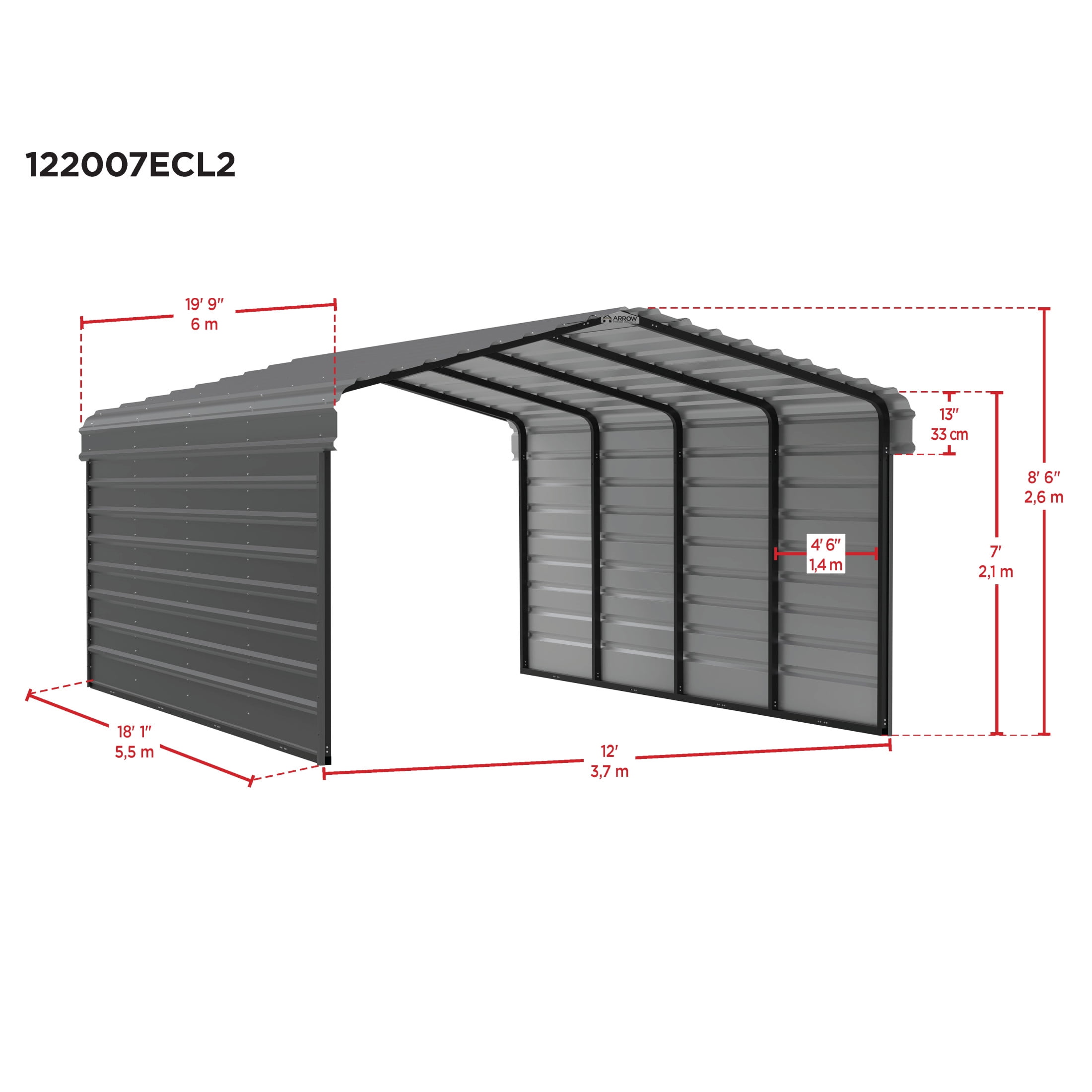 Arrow 20 x 12 x 7 ft Eggshell Steel Carport With 2 Side Wall Kit